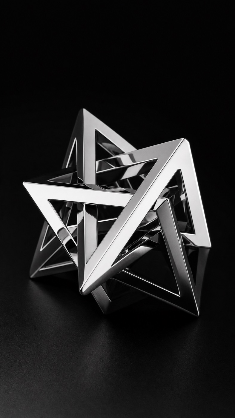 Chrome geometric sculpture on black — the software practice